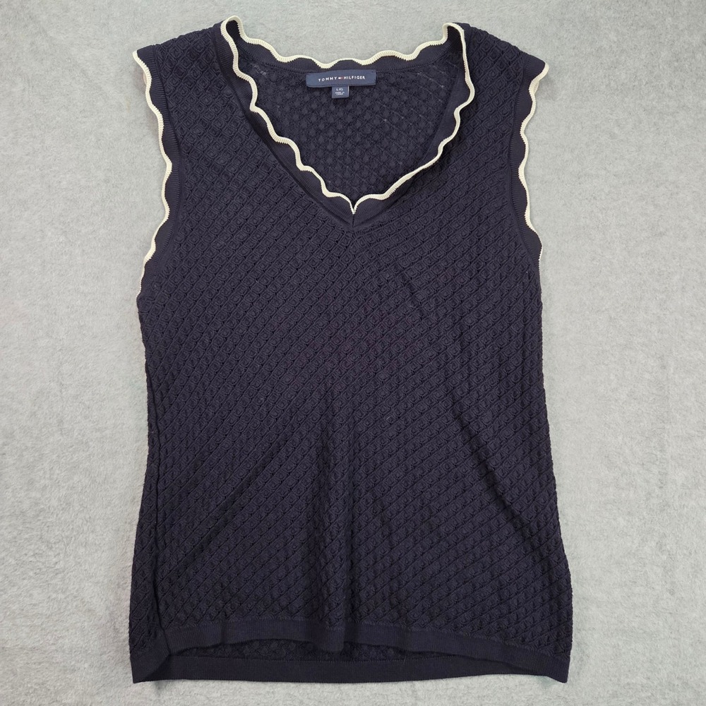 Tommy Hilfiger Sweater Vest Women Large Navy Blue Scalloped Pointelle Knit Top